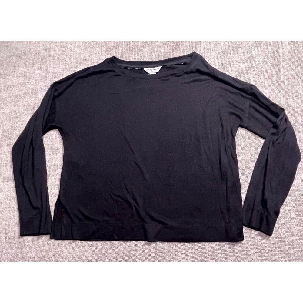 Tommy Bahama Island Soft Knit Top Womens Large Black Long Sleeve Side Slit